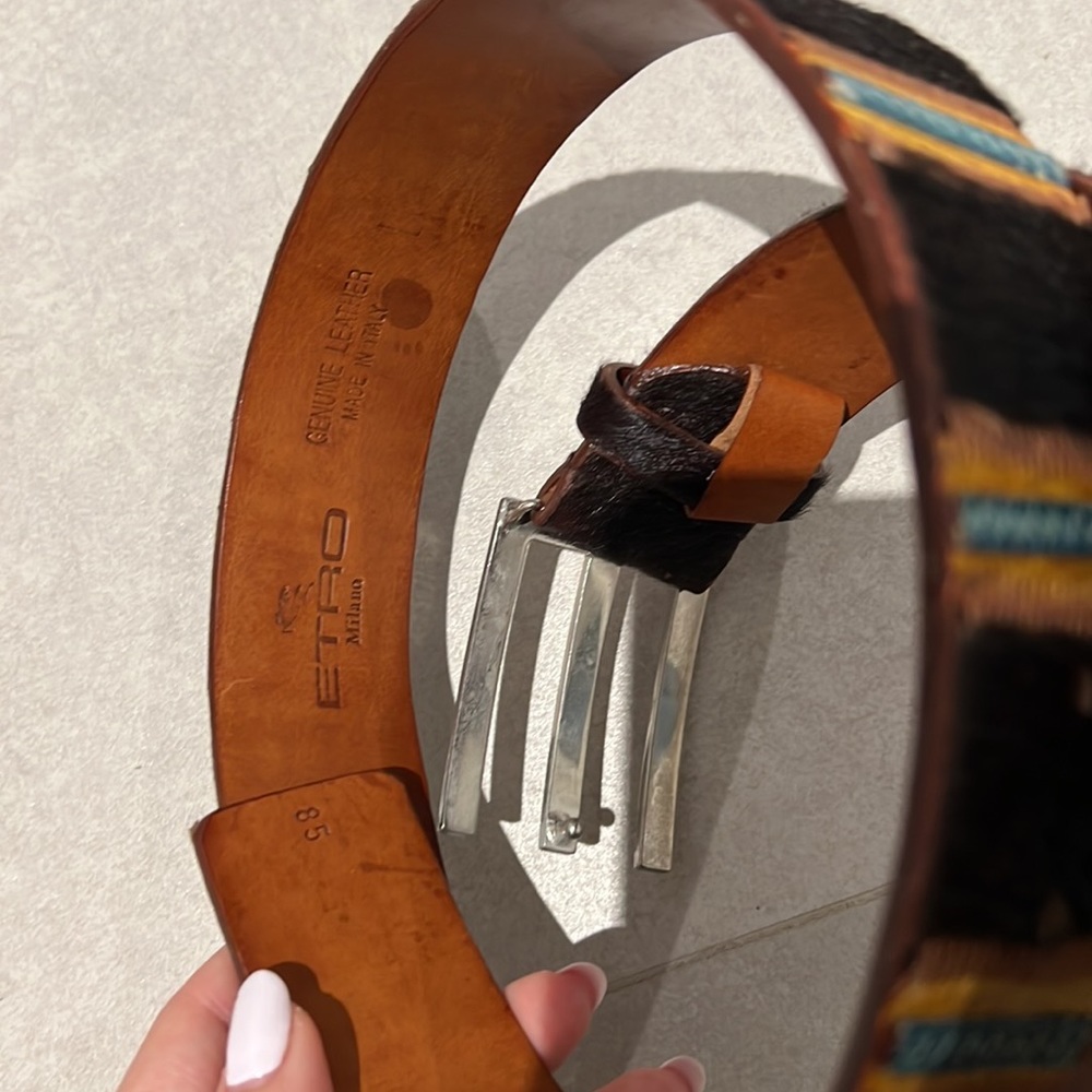 ETRO Milano MEN brown Genuine LEATHER BELT WITH SILVER HARDWARE embroidery - Picture 4 of 5